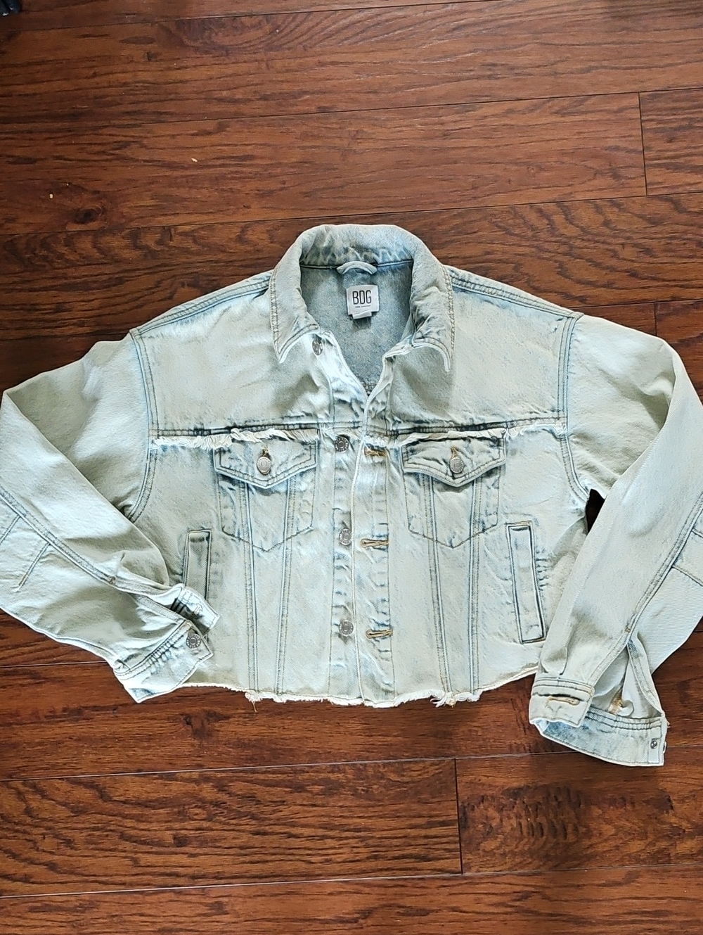 BDG Trucker Cropped Jean Jacket With Thread Fringe Light Blue XS